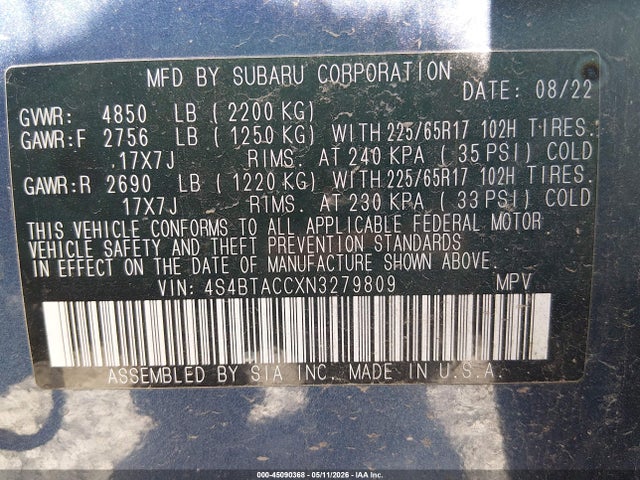 Subaru Outback Premium 2022 4S4BTACCXN3279809 Image 9