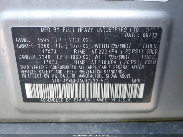 Aukcja sprzedaży 2012 Subaru Outback 3.6r, vin: 4S4BRDAC1C2303579, numer aukcji: 45090374