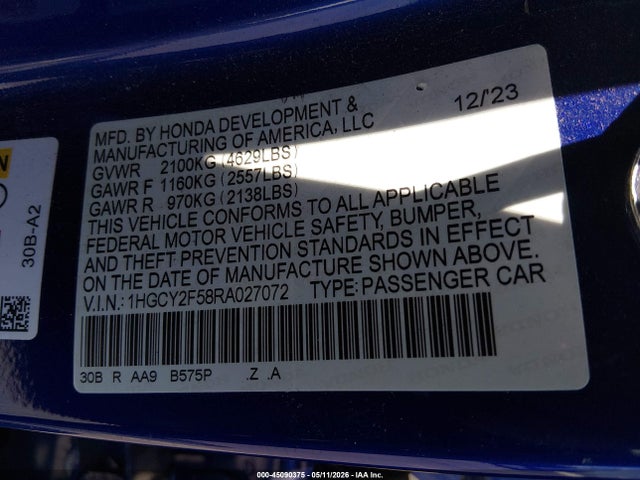 1HGCY2F58RA027072 Honda Accord Hybrid Sport
