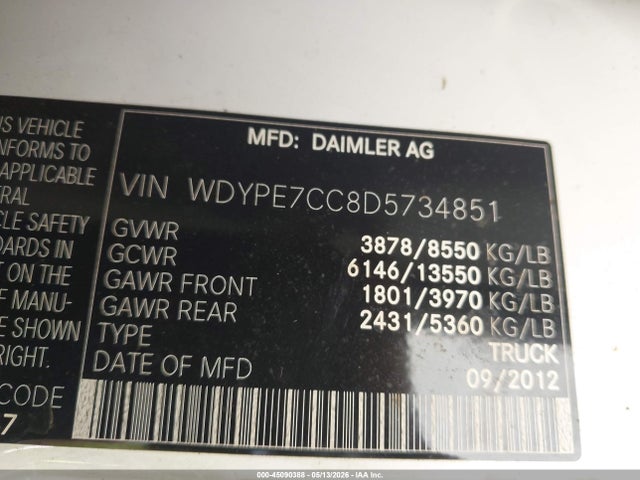 Продажа на аукционе авто 2013 Freightliner Sprinter 2500, vin: WDYPE7CC8D5734851, номер лота: 45090388