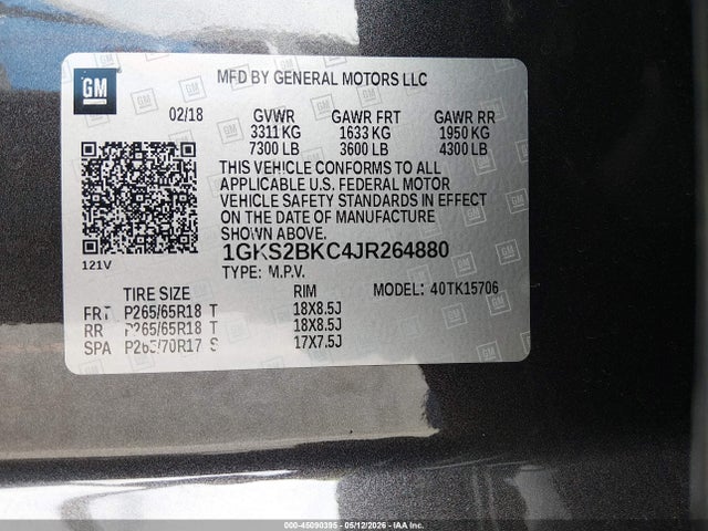 45090395 :رقم المزاد ، 1GKS2BKC4JR264880 vin ، 2018 Gmc Yukon Slt مزاد بيع