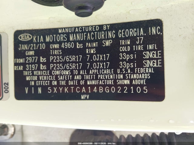 2011 Kia Sorento Lx მანქანა იყიდება აუქციონზე, vin: 5XYKTCA14BG022105, აუქციონის ნომერი: 45090399