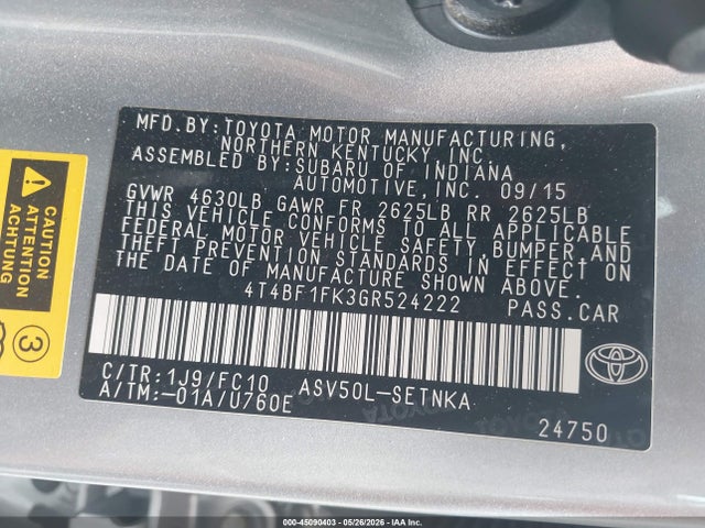 Toyota CAMRY LE 2016 4T4BF1FK3GR524222 Image 9