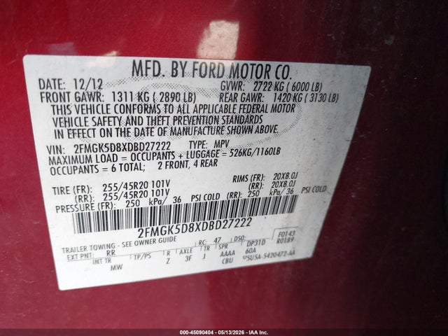 Aukcja sprzedaży 2013 Ford Flex Limited, vin: 2FMGK5D8XDBD27222, numer aukcji: 45090404