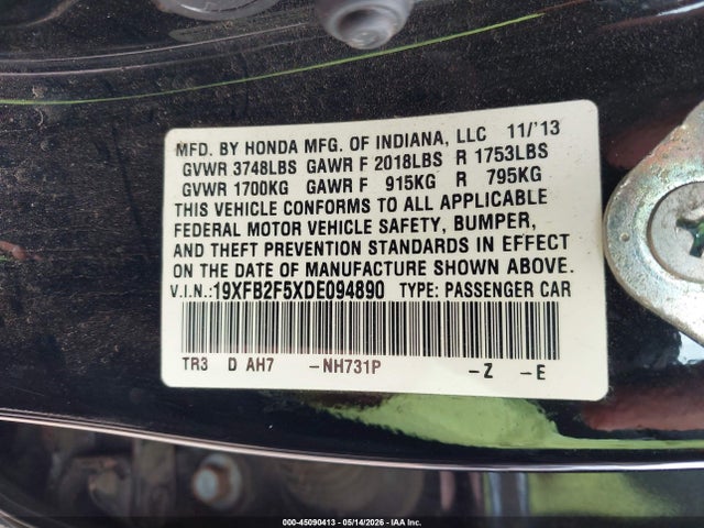 Продажа на аукционе авто 2013 Honda Civic Lx, vin: 19XFB2F5XDE094890, номер лота: 45090413