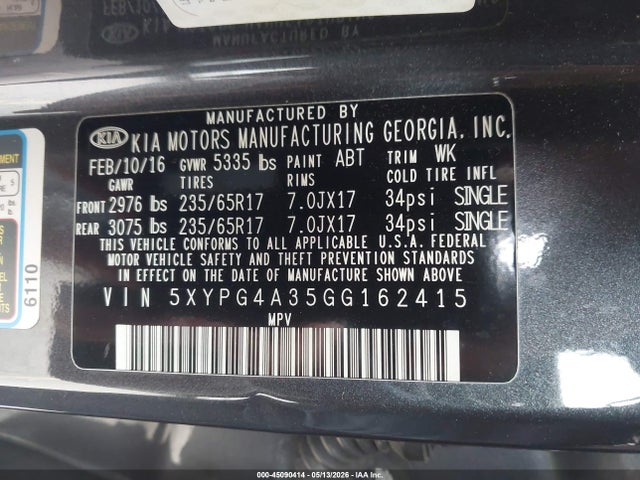 KIA Sorento 2.4l Lx 2016 5XYPG4A35GG162415 Image 9