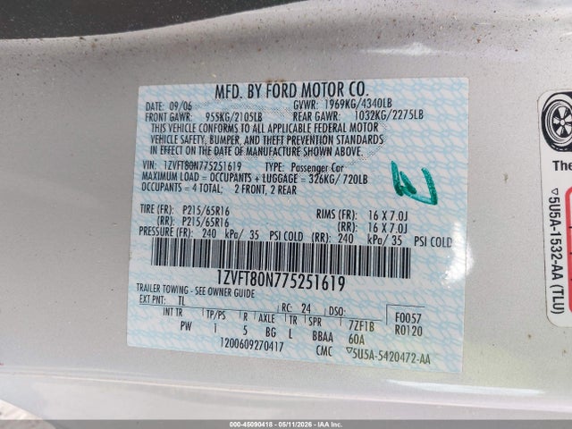 45090418 :رقم المزاد ، 1ZVFT80N775251619 vin ، 2007 Ford Mustang V6 Deluxe/v6 Premium مزاد بيع