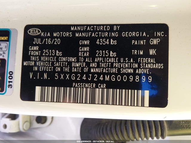 Aukcja sprzedaży 2021 Kia K5 Lx, vin: 5XXG24J24MG009899, numer aukcji: 45090420
