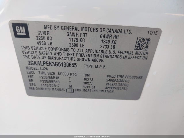 2016 Gmc Terrain Slt მანქანა იყიდება აუქციონზე, vin: 2GKALPEK3G6190655, აუქციონის ნომერი: 45090427