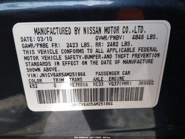 45090434 :رقم المزاد ، JN1CV6AR5AM251964 vin ، 2010 Infiniti G37x مزاد بيع