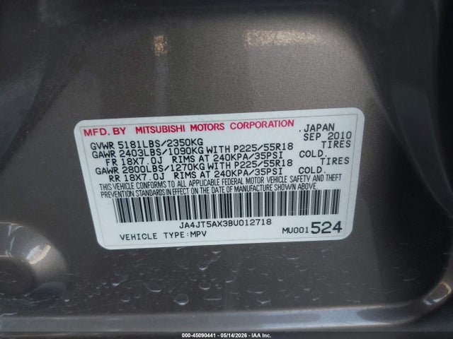 Продаж на аукціоні авто 2011 Mitsubishi Outlander Gt, vin: JA4JT5AX3BU012718, номер лоту: 45090441