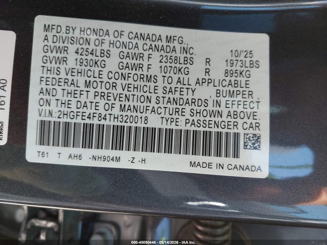 Продаж на аукціоні авто 2026 Honda Civic Hybrid Sport/sport Touring, vin: 2HGFE4F84TH320018, номер лоту: 45090446