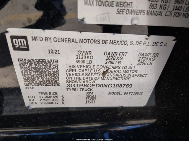 45090448 :رقم المزاد ، 3GTP8CED0NG108769 vin ، 2022 Gmc Sierra 1500 Limited 2wd  Short Box Elevation مزاد بيع