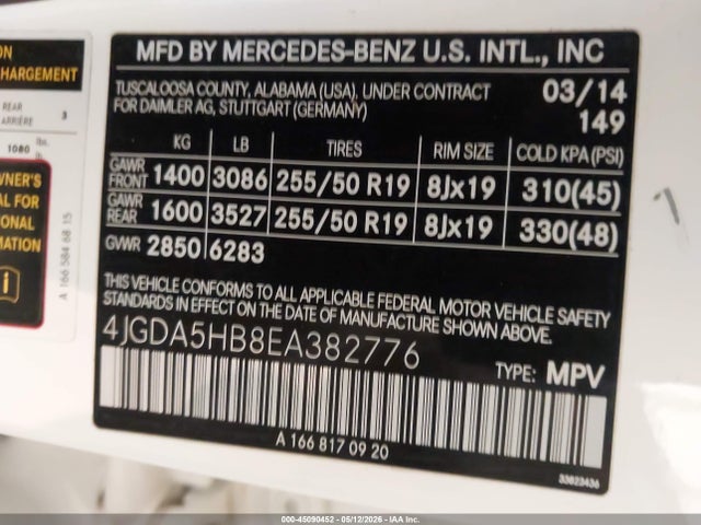 45090452 :رقم المزاد ، 4JGDA5HB8EA382776 vin ، 2014 Mercedes-benz Ml 350 4matic مزاد بيع