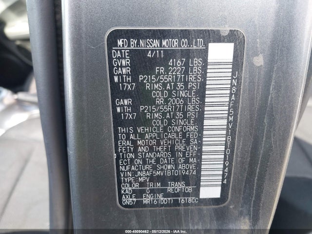 45090462 :رقم المزاد ، JN8AF5MV1BT019474 vin ، 2011 Nissan Juke S مزاد بيع