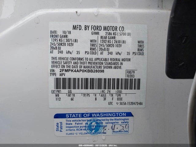 Продаж на аукціоні авто 2019 Ford Edge St, vin: 2FMPK4AP0KBB28098, номер лоту: 45090463