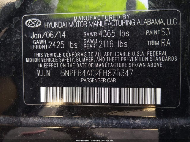 Aukcja sprzedaży 2014 Hyundai Sonata Gls, vin: 5NPEB4AC2EH875347, numer aukcji: 45090477