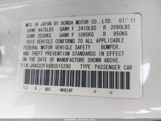 Продажа на аукционе авто 2011 Acura Tsx 2.4, vin: JH4CU2F68BC015290, номер лота: 45090483