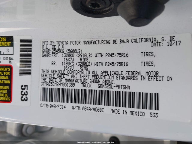 2017 Toyota Tacoma Sr5 V6 მანქანა იყიდება აუქციონზე, vin: 3TMAZ5CN2HM051359, აუქციონის ნომერი: 45090492