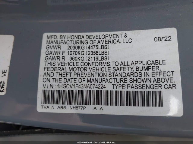 Aukcja sprzedaży 2022 Honda Accord Sport Special Edition, vin: 1HGCV1F43NA074224, numer aukcji: 45090499