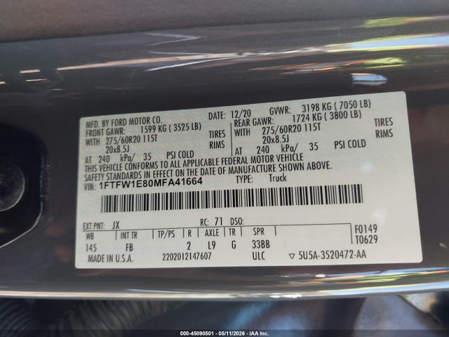 Aukcja sprzedaży 2021 Ford F-150 Xlt, vin: 1FTFW1E80MFA41664, numer aukcji: 45090501