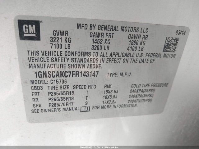 1GNSCAKC7FR143147 Chevrolet Tahoe Ls