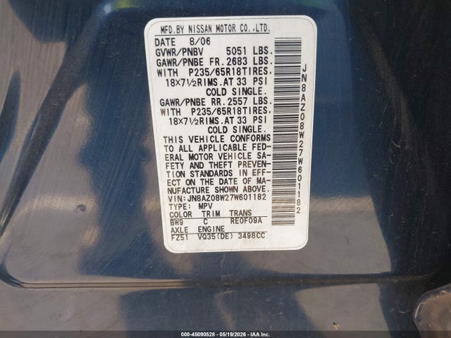 Продаж на аукціоні авто 2007 Nissan Murano Sl, vin: JN8AZ08W27W601182, номер лоту: 45090528