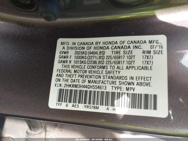 2016 Honda Cr-v Se მანქანა იყიდება აუქციონზე, vin: 2HKRM3H44GH554613, აუქციონის ნომერი: 45090529