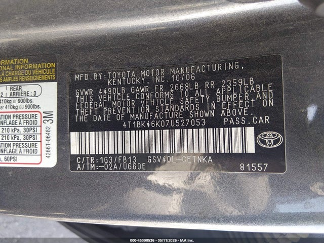 2007 Toyota Camry Le V6 მანქანა იყიდება აუქციონზე, vin: 4T1BK46K07U527053, აუქციონის ნომერი: 45090536