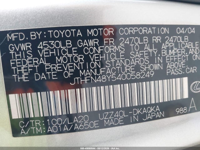 45090544 :رقم المزاد ، JTHFN48Y540058249 vin ، 2004 Lexus Sc 430 مزاد بيع