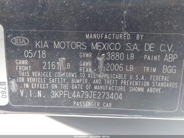 Aukcja sprzedaży 2018 Kia Forte Lx, vin: 3KPFL4A79JE273404, numer aukcji: 45090551
