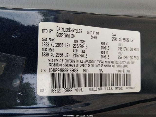 45090552 :رقم المزاد ، 1D4GP24R87B108608 vin ، 2007 Dodge Grand Caravan Se مزاد بيع