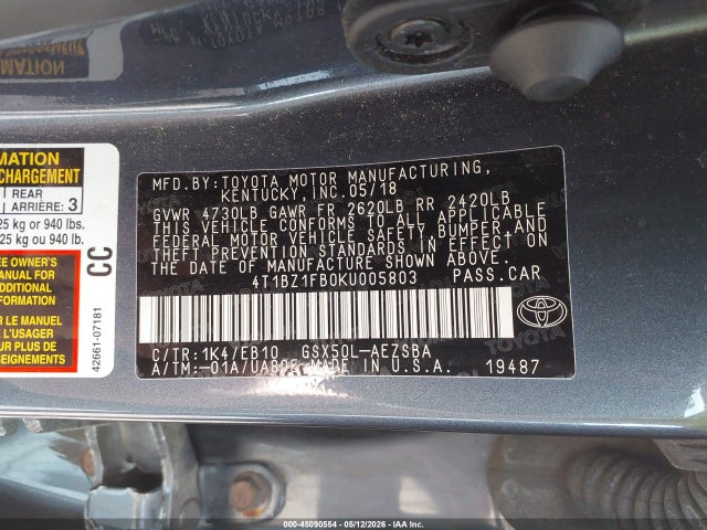 Продажа на аукционе авто 2019 Toyota Avalon Touring, vin: 4T1BZ1FB0KU005803, номер лота: 45090554