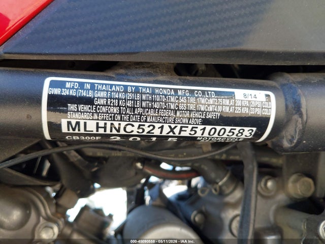 Aukcja sprzedaży 2015 Honda Cb300 F, vin: MLHNC521XF5100583, numer aukcji: 45090558