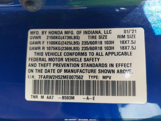 Продажа на аукционе авто 2021 Honda Cr-v Awd Ex, vin: 7FARW2H52ME007562, номер лота: 45090567