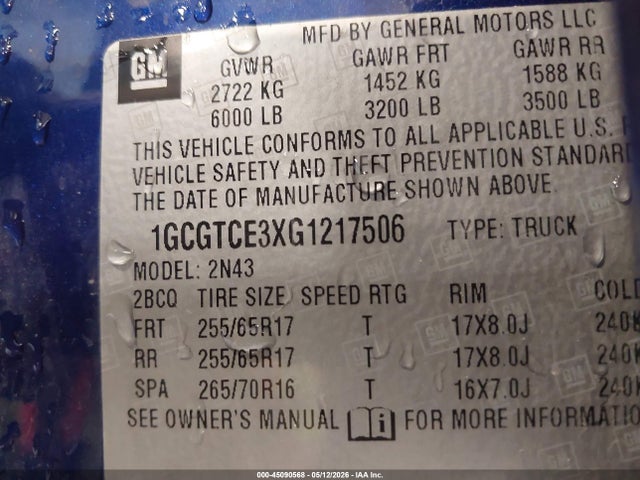 Aukcja sprzedaży 2016 Chevrolet Colorado Lt, vin: 1GCGTCE3XG1217506, numer aukcji: 45090568
