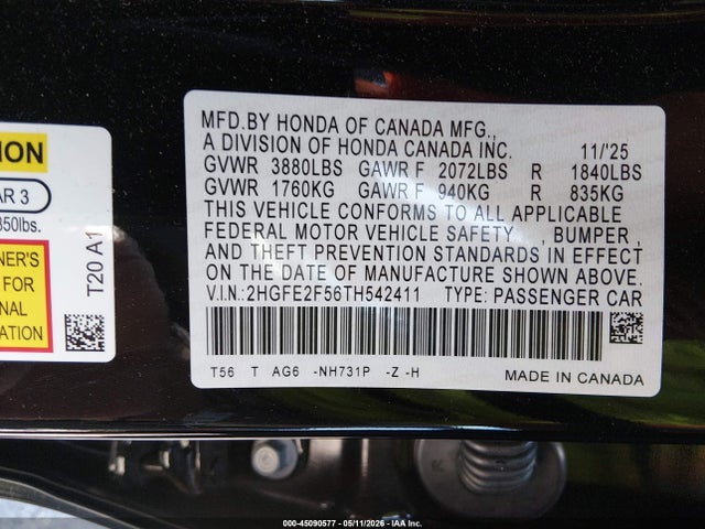 2HGFE2F56TH542411 Honda Civic Sport