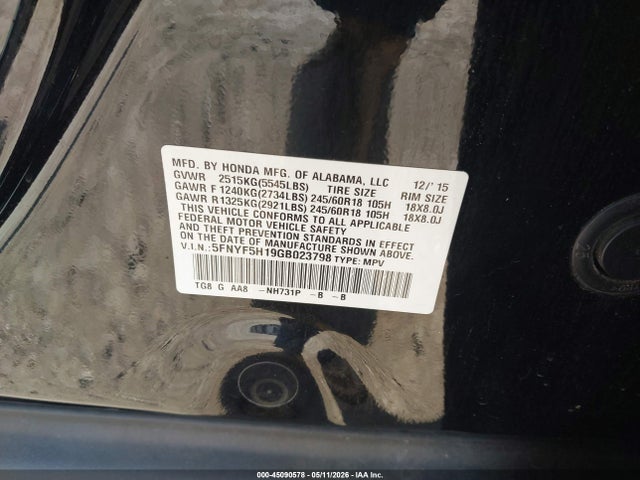2016 Honda Pilot Lx მანქანა იყიდება აუქციონზე, vin: 5FNYF5H19GB023798, აუქციონის ნომერი: 45090578