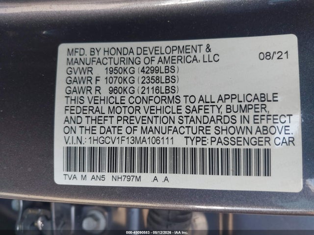 Aukcja sprzedaży 2021 Honda Accord Lx, vin: 1HGCV1F13MA106111, numer aukcji: 45090583