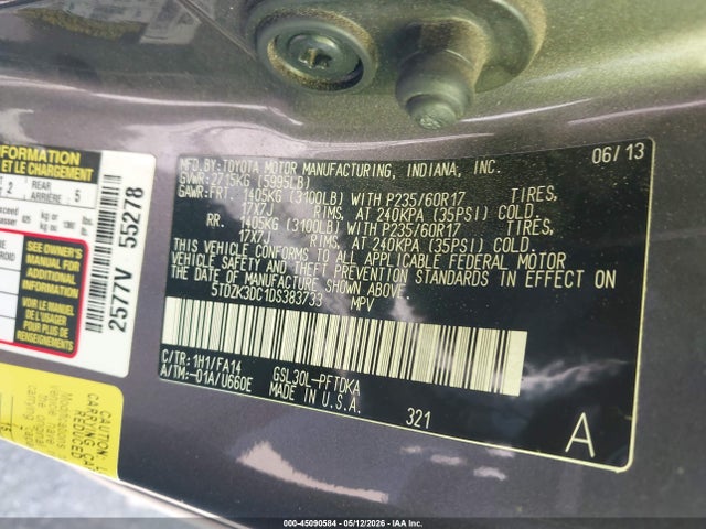 2013 Toyota Sienna L V6 7 Passenger მანქანა იყიდება აუქციონზე, vin: 5TDZK3DC1DS383733, აუქციონის ნომერი: 45090584