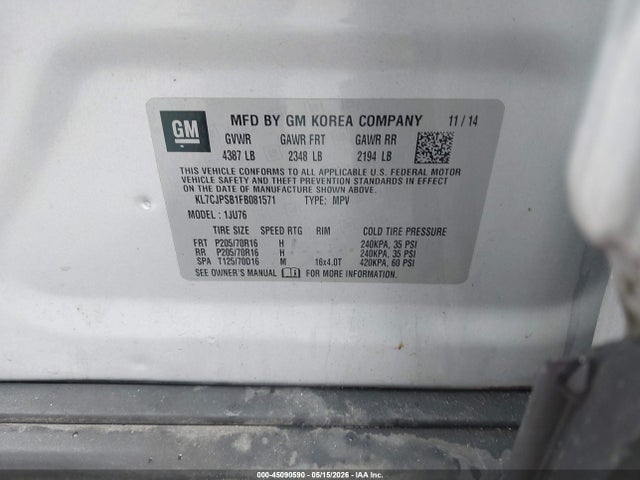 Продажа на аукционе авто 2015 Chevrolet Trax 1ls, vin: KL7CJPSB1FB081571, номер лота: 45090590