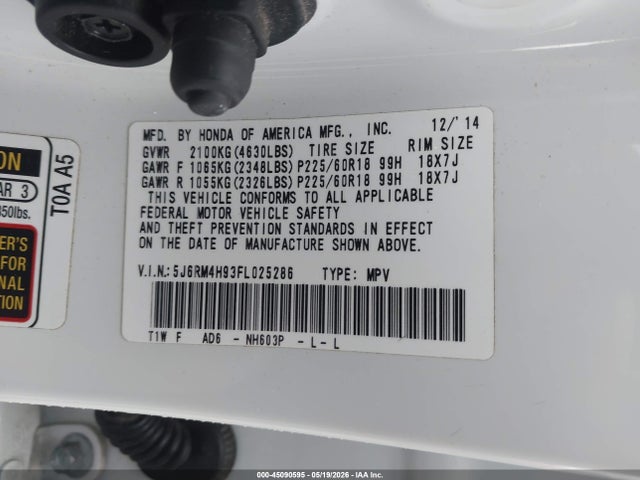 Продажа на аукционе авто 2015 Honda Cr-v Touring, vin: 5J6RM4H93FL025286, номер лота: 45090595