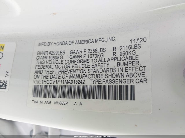 1HGCV1F11MA015242 Honda ACCORD LX