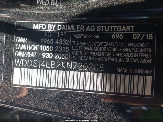Aukcja sprzedaży 2019 Mercedes-benz Cla 250, vin: WDDSJ4EB2KN720208, numer aukcji: 45090606
