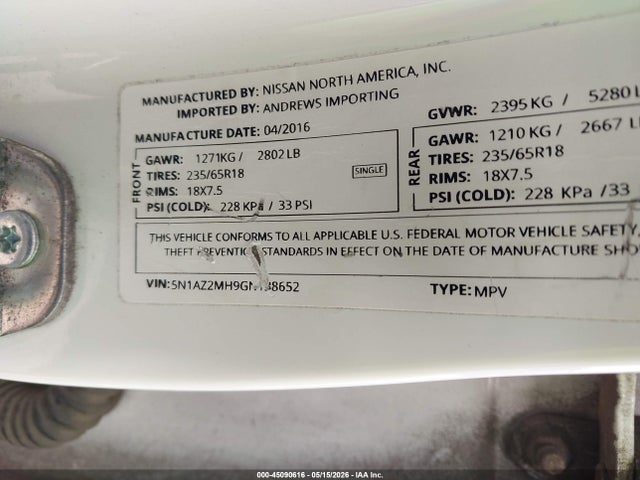 Aukcja sprzedaży 2016 Nissan Murano Platinum/s/sl/sv, vin: 5N1AZ2MH9GN138652, numer aukcji: 45090616