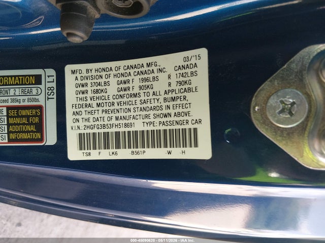Продажа на аукционе авто 2015 Honda Civic Lx, vin: 2HGFG3B53FH518691, номер лота: 45090620