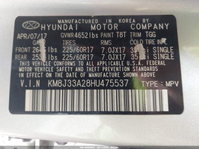 Продаж на аукціоні авто 2017 Hyundai Tucson Eco, vin: KM8J33A28HU475537, номер лоту: 45090623