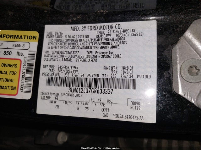 45090624 :رقم المزاد ، 3LN6L2LU7GR633337 vin ، 2016 Lincoln Mkz Hybrid مزاد بيع