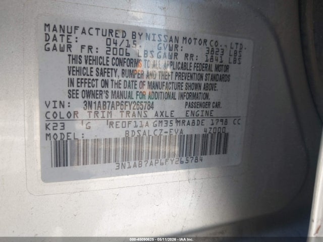 Продажа на аукционе авто 2015 Nissan Sentra S, vin: 3N1AB7AP6FY265784, номер лота: 45090625