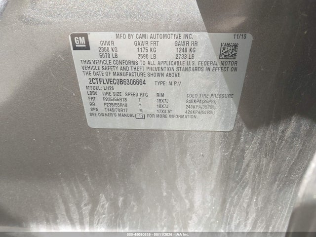 45090639 :رقم المزاد ، 2CTFLVEC0B6306664 vin ، 2011 Gmc Terrain Slt-1 مزاد بيع